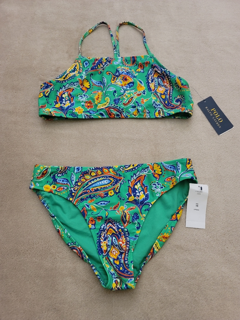Polo Ralph Lauren Green/Blue/Yellow/Orange/White Paisley 2 Pcs Swim Suit Size 16 - Picture 2 of 5